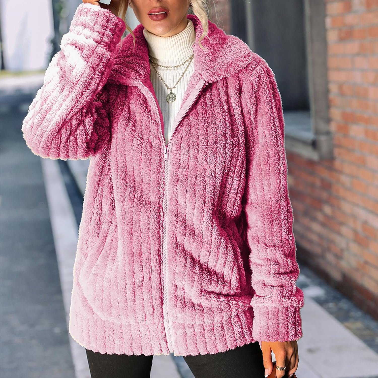 Women's Fleece Jacket Women Full Zip Long Sleeve Lapel Collar Coat Outerwear with Pockets (S-5XL)