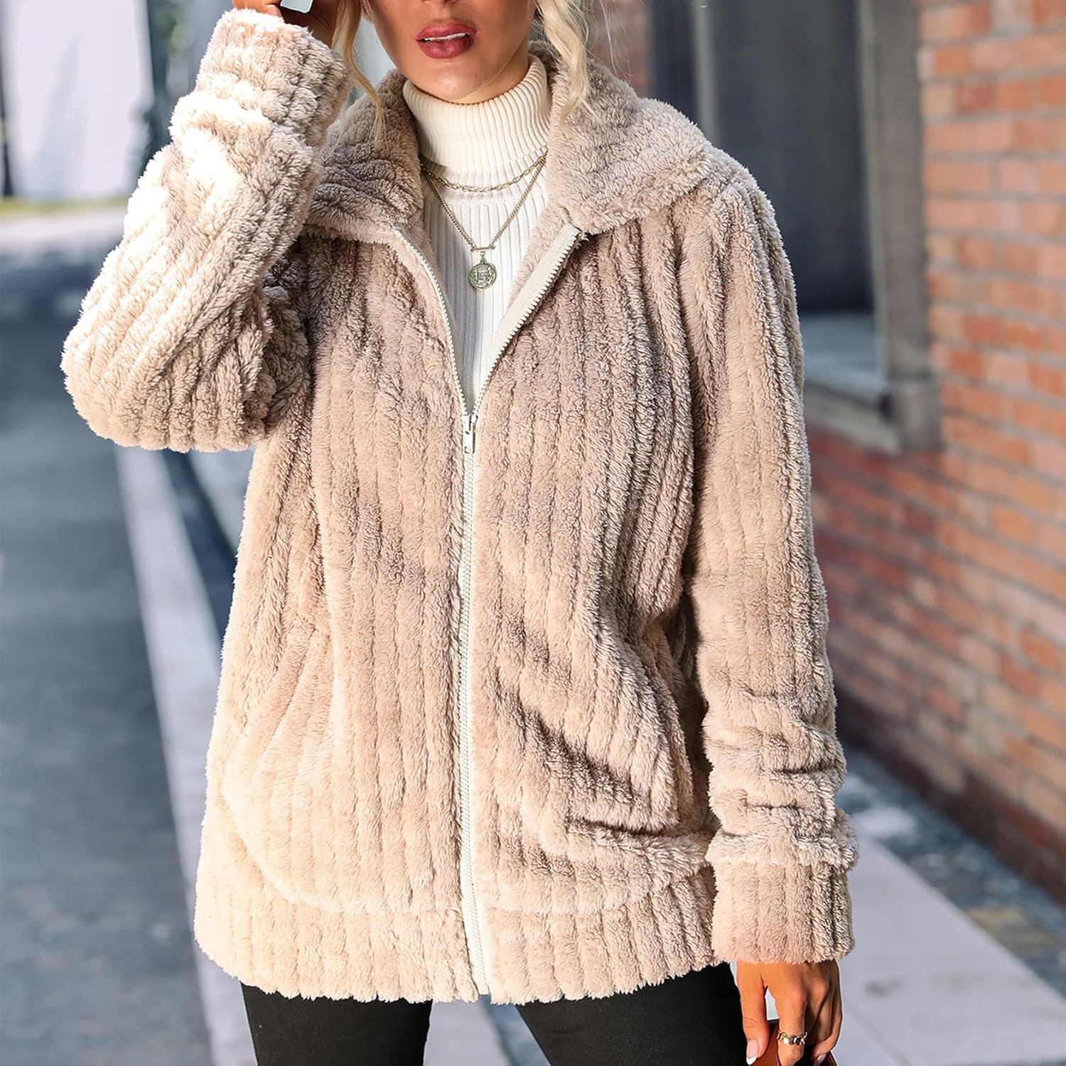 Women's Fleece Jacket Women Full Zip Long Sleeve Lapel Collar Coat Outerwear with Pockets (S-5XL)