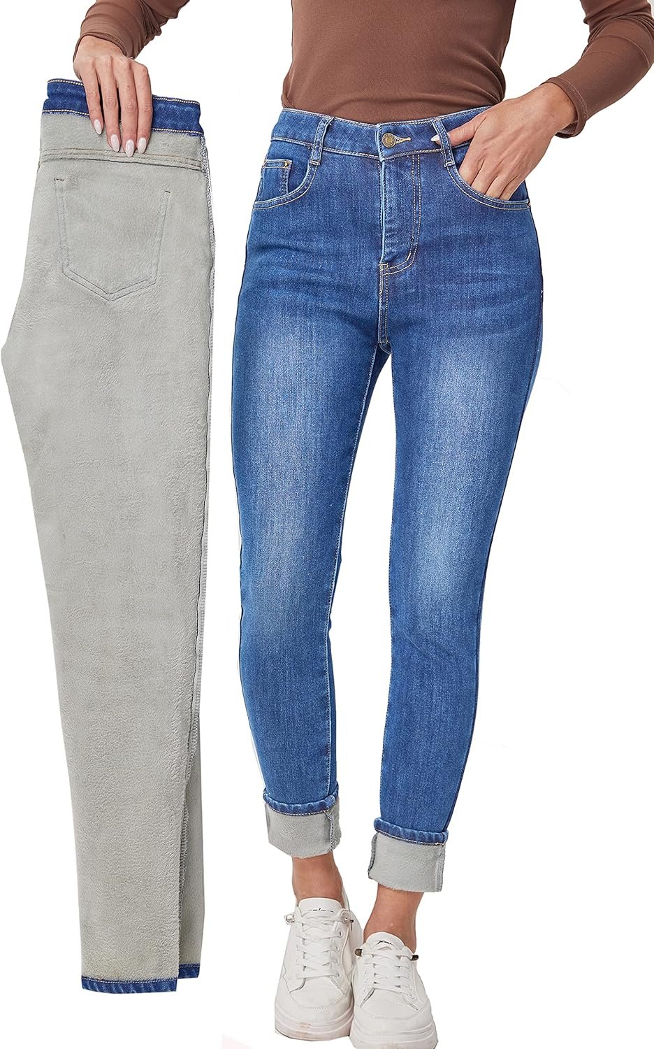 Women's Fleece Lined Jeans Winter Flannel Lined Jeans Thermal Denim Warm Jeans