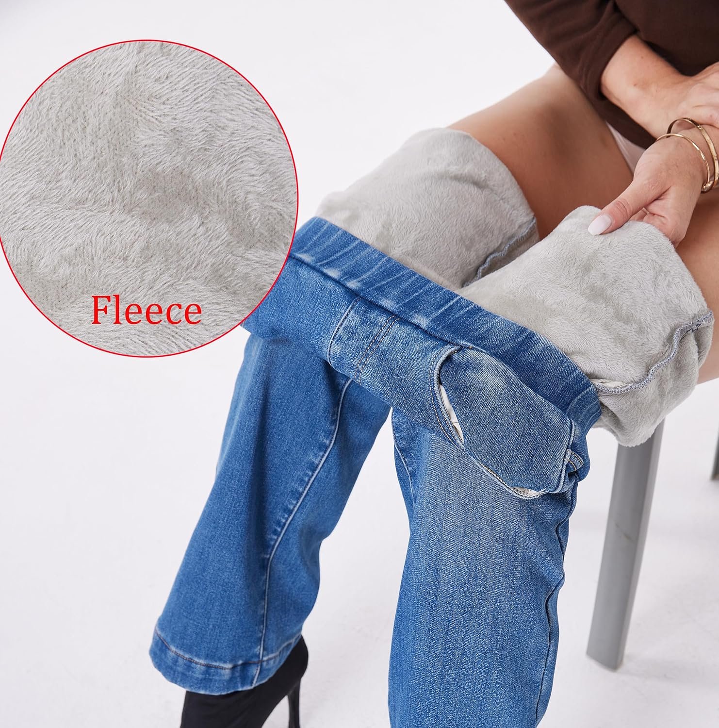 Women's Winter Jeans Pull On Wide Leg Baggy Fleece Lined Jeans Thermal Flannel Lined Jean