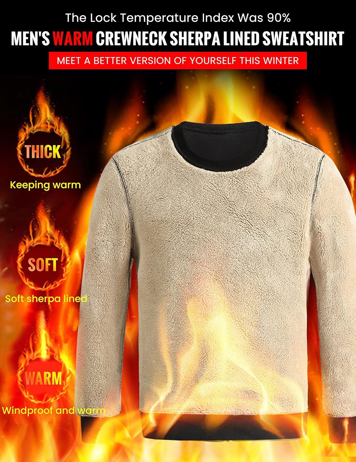 Men's Fleece Sweatshirt Sherpa Lined Crewneck Basic Winter Thick Pullover Tops