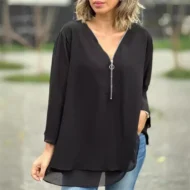 Double-Layer V-neck Zipper 3/4 Sleeves Soft Tops - Image 12