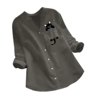 💕Hot Sale 49% OFF🌷V-neck Cat Print Long Sleeve Blouse - Image 12