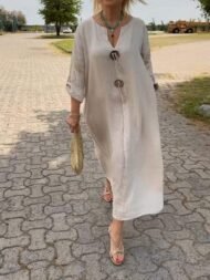 Casual V-neck Cotton and Linen Dress - Image 2