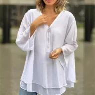 Double-Layer V-neck Zipper 3/4 Sleeves Soft Tops - Image 9