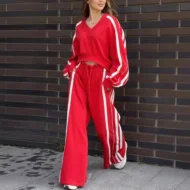 Casual V-Neck Striped Sweat & Wide Leg Pants Two-Piece Set