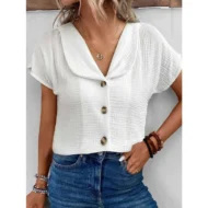 Women's Solid Color Button Down Lapel Short Sleeve Top - Image 5
