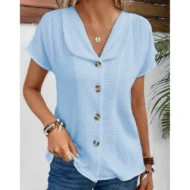 Women's Solid Color Button Down Lapel Short Sleeve Top - Image 9