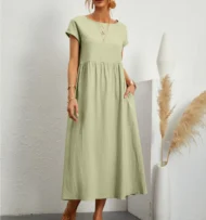 Solid Color Sleeveless Loose Cotton and Linen Pocket Dress - Image 11