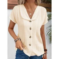 Women's Solid Color Button Down Lapel Short Sleeve Top - Image 3