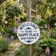 🏡Final Hours Flash Sale $9.74!!⏰Vintage Round Metal Sign – “Welcome to My Happy Place Don’t Ruin It” Garden Wall Decor - Image 9