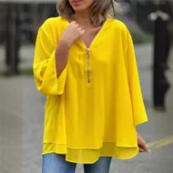 Double-Layer V-neck Zipper 3/4 Sleeves Soft Tops - Image 4