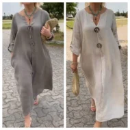 Casual V-neck Cotton and Linen Dress - Image 11