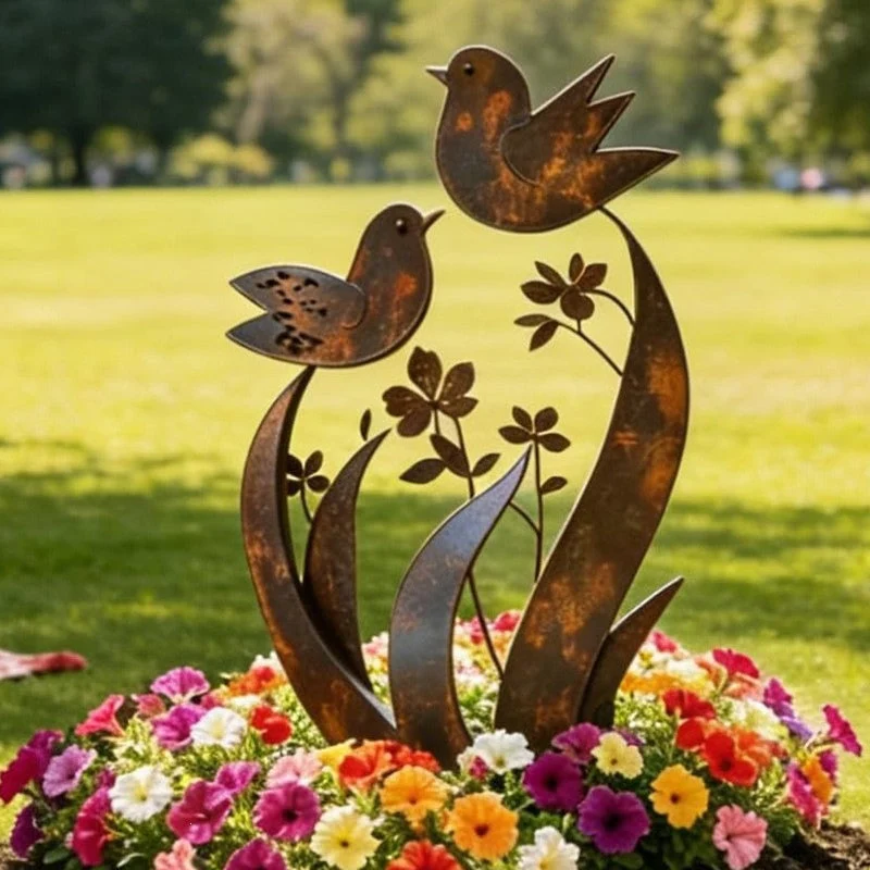 Rustic Bird & Flower Metal Garden Stake