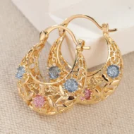 Gold-Plated Crescent Hoop Earrings with Enamel Flowers - Image 7