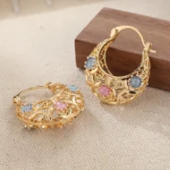 Gold-Plated Crescent Hoop Earrings with Enamel Flowers - Image 4