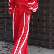 Casual V-Neck Striped Sweat & Wide Leg Pants Two-Piece Set - Image 4