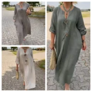 Casual V-neck Cotton and Linen Dress - Image 7