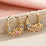 Gold-Plated Crescent Hoop Earrings with Enamel Flowers - Image 8