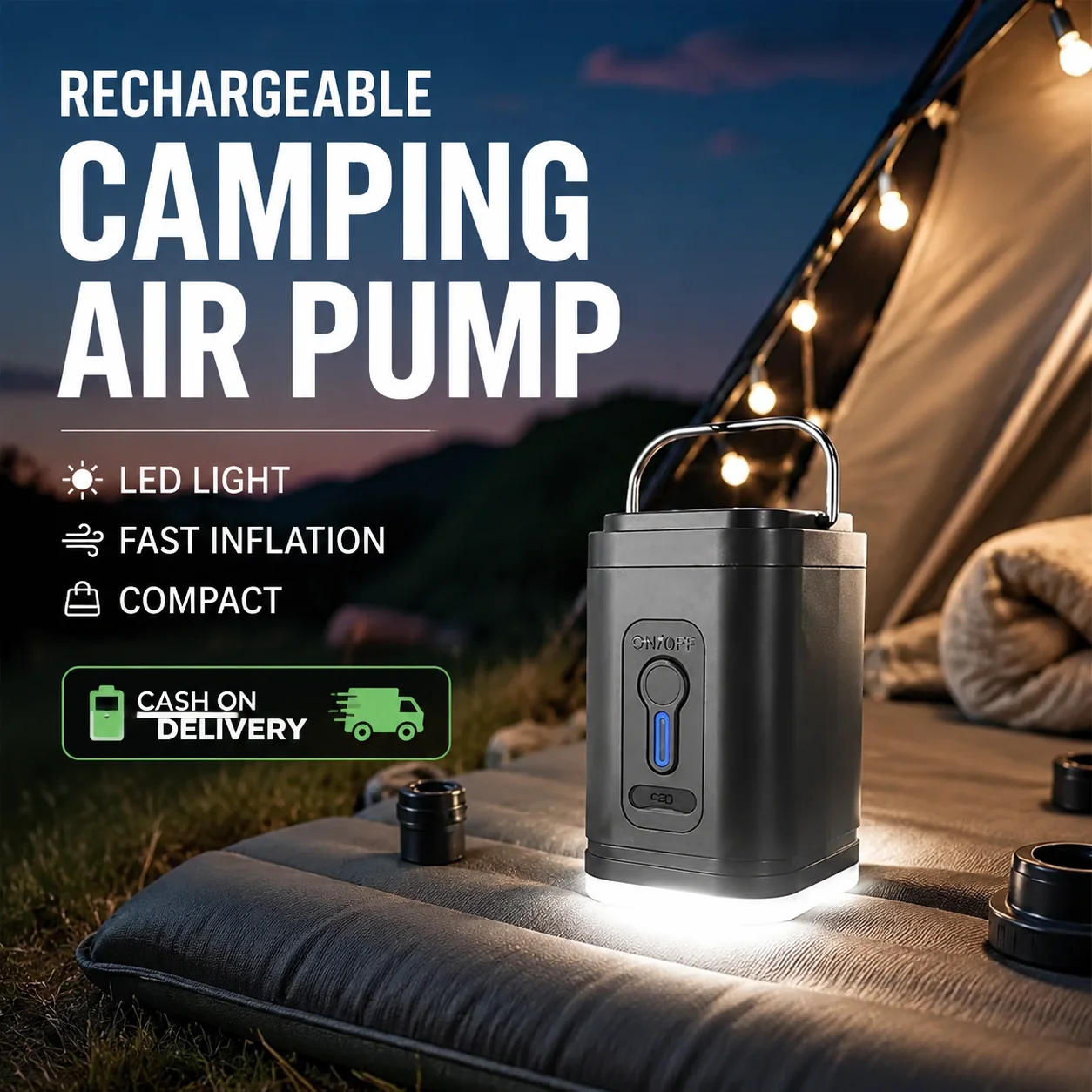 🏕️ Rechargeable Camping Air Pump – LED Light, Fast Inflation, Compact – Cash on Delivery 🔋