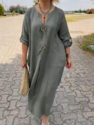 Casual V-neck Cotton and Linen Dress - Image 8