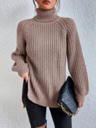 Cotton Turtleneck Raglan Sleeve Split Hem Sweater - Image 5
