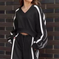 Casual V-Neck Striped Sweat & Wide Leg Pants Two-Piece Set - Image 5