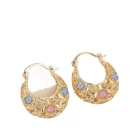 Gold-Plated Crescent Hoop Earrings with Enamel Flowers - Image 9