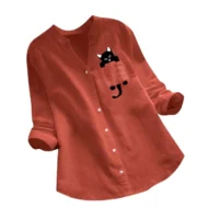 💕Hot Sale 49% OFF🌷V-neck Cat Print Long Sleeve Blouse - Image 8