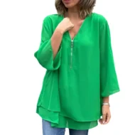 Double-Layer V-neck Zipper 3/4 Sleeves Soft Tops - Image 2