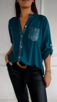 🔥2025 HOT SALE🌸Cotton V-neck Sequin Mid-sleeve Casual Top - Image 5