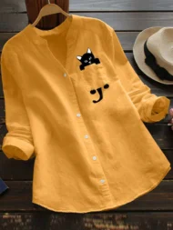 💕Hot Sale 49% OFF🌷V-neck Cat Print Long Sleeve Blouse - Image 5
