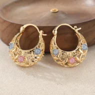 Gold-Plated Crescent Hoop Earrings with Enamel Flowers - Image 3