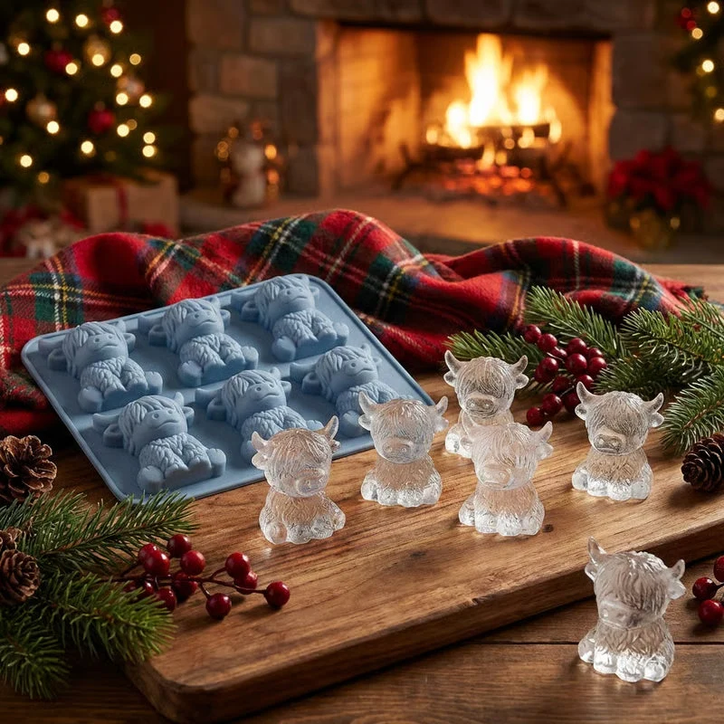 🐮6‐Cavity Mini Highland Cow Ice Cube & Dessert Mold 🧊🍪 Cute 3D Ice for Drinks, Parties & Gifts💕