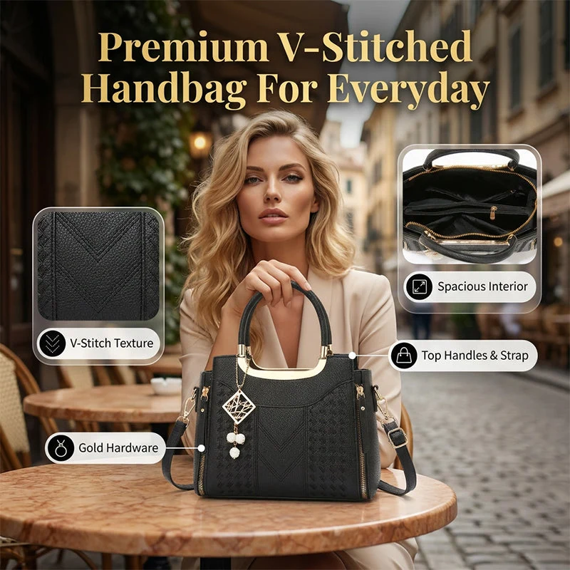 👜 LIMITED-TIME 50% OFF! ✨ Women's Top-Handle Satchel – V-Stitched, Gold Hardware, Multi-Compartment 🌸