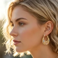 Gold-Plated Crescent Hoop Earrings with Enamel Flowers - Image 5