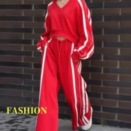 Casual V-Neck Striped Sweat & Wide Leg Pants Two-Piece Set - Image 7