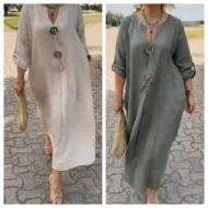 Casual V-neck Cotton and Linen Dress - Image 10