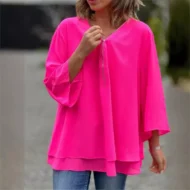 Double-Layer V-neck Zipper 3/4 Sleeves Soft Tops - Image 8