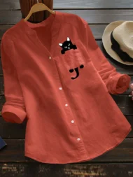 💕Hot Sale 49% OFF🌷V-neck Cat Print Long Sleeve Blouse - Image 4
