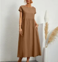 Solid Color Sleeveless Loose Cotton and Linen Pocket Dress - Image 2