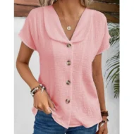 Women's Solid Color Button Down Lapel Short Sleeve Top - Image 2