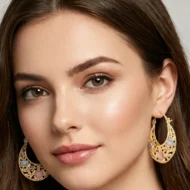 Gold-Plated Crescent Hoop Earrings with Enamel Flowers - Image 2