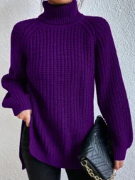 Cotton Turtleneck Raglan Sleeve Split Hem Sweater - Image 4