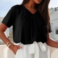 Women's Casual Pleated V-Neck Short-Sleeve Top - Image 17