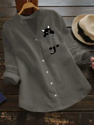 💕Hot Sale 49% OFF🌷V-neck Cat Print Long Sleeve Blouse - Image 3