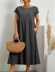 Solid Color Sleeveless Loose Cotton and Linen Pocket Dress - Image 8