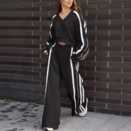 Casual V-Neck Striped Sweat & Wide Leg Pants Two-Piece Set - Image 2