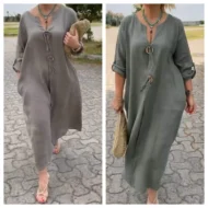 Casual V-neck Cotton and Linen Dress - Image 9