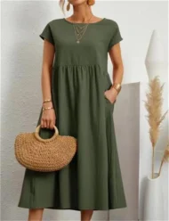 Solid Color Sleeveless Loose Cotton and Linen Pocket Dress - Image 10
